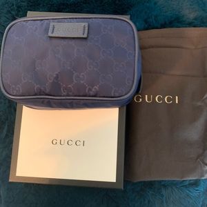 New Gucci Mens Small Tide Blue GG Logo Print Zip Around Guccissima Nylon Bag